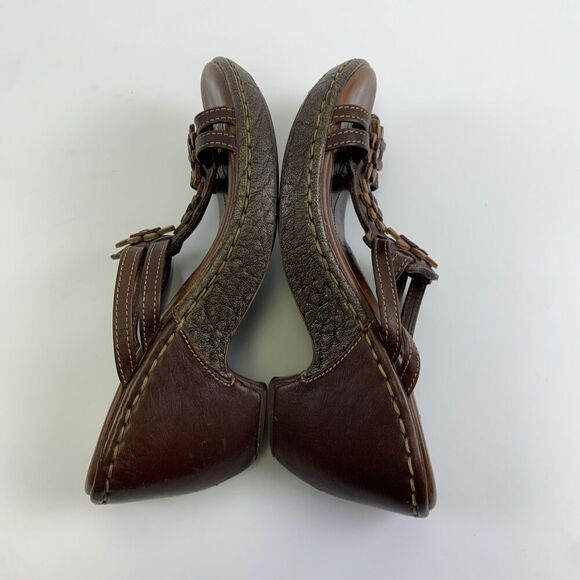 Born Brown Leather Floral Cut Out Slide Wedge Sandal Studded Heel Womens 7 - Picture 10 of 12